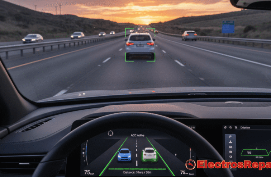 Vista frontal de un coche eléctrico en una autopista, con el control de crucero adaptativo (ACC) activo, mostrando la distancia segura con el vehículo de adelante mediante una interfaz gráfica en la pantalla del coche. Estilo fotorrealista, perspectiva de conducción.