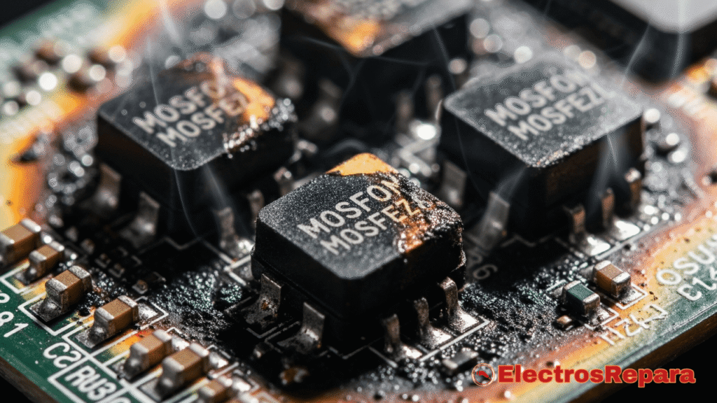 Una fotografía macro de una controladora patinete con claros signos de estar quemada. Se aprecian los MOSFETs (componentes cuadrados) chamuscados y con restos de hollín, evidenciando una controladora quemada patinete. El humo que se eleva sutilmente de la placa sugiere un fallo reciente.