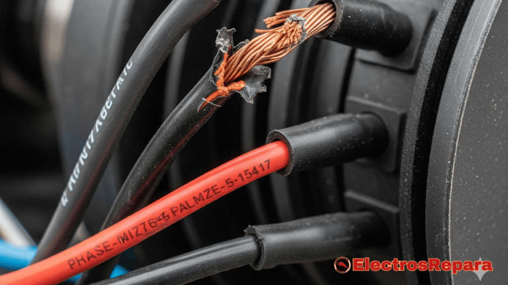 Un primer plano detallado de los cables que salen del eje de un motor patinete. Uno de los cables gruesos de fase tiene el aislamiento pelado y rozado, dejando el cobre expuesto y a punto de tocar otro cable, la causa principal para tener que reparar cable motor patinete.