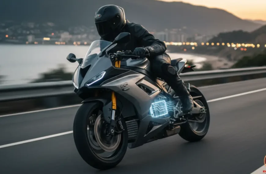 Motociclista en moto eléctrica practicando conducción eficiente con frenado regenerativo: optimiza recuperación de energía para mayor autonomía y seguridad en rutas urbanas.