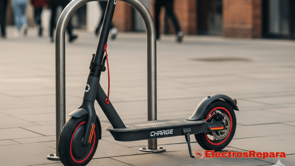 Este es un patinete eléctrico moderno y robusto, con detalles en rojo, estacionado de forma segura en un poste en lo que parece ser una calle concurrida de una ciudad. La escena sugiere la conveniencia de este medio de transporte personal para la movilidad urbana, ideal para desplazamientos rápidos y el aparcamiento en espacios reducidos.
