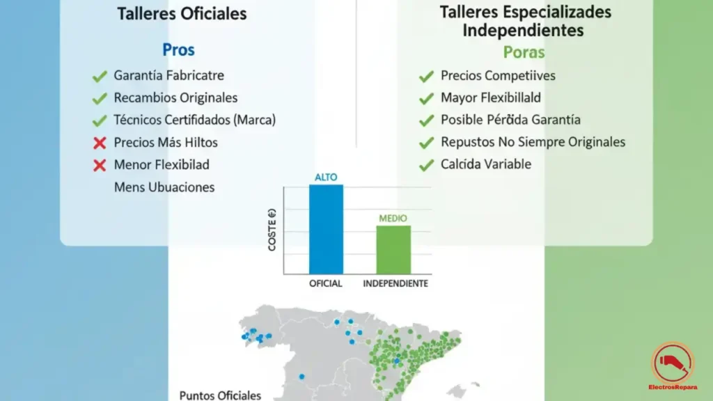 Infografía comparativa de talleres oficiales vs especializados para motos eléctricas en España, costes y ubicaciones.