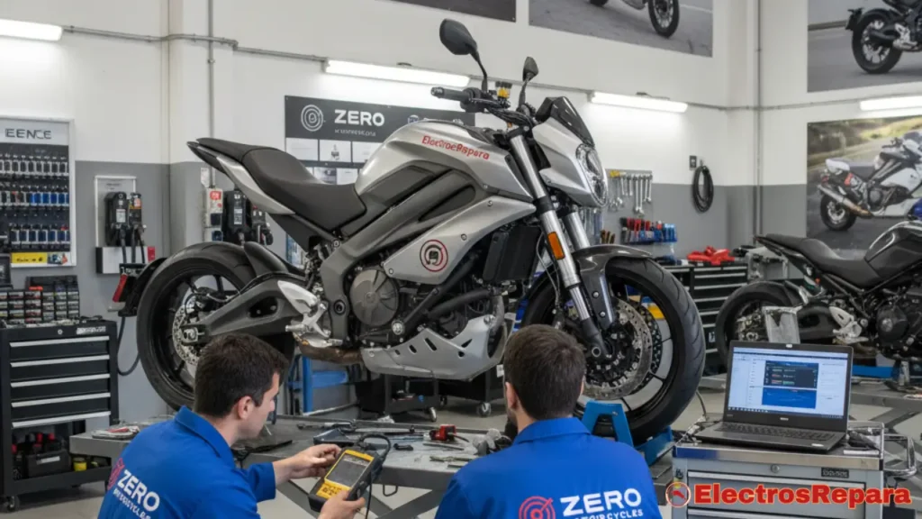 Técnico revisando moto eléctrica Zero SR en taller oficial en España, diagnóstico de batería con herramientas certificadas.