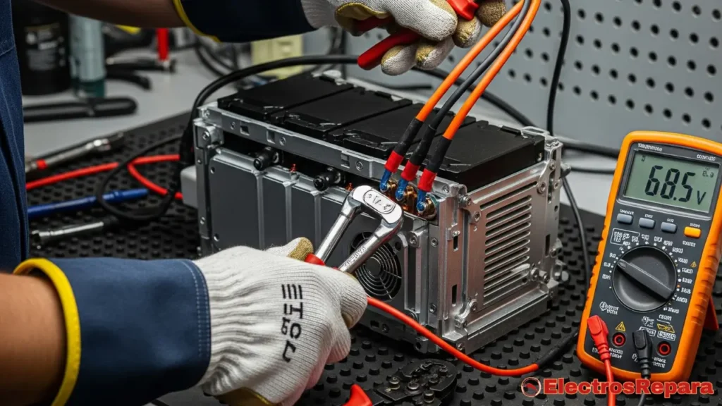 Técnico reparando batería de moto eléctrica en taller especializado en España, herramientas de alto voltaje.