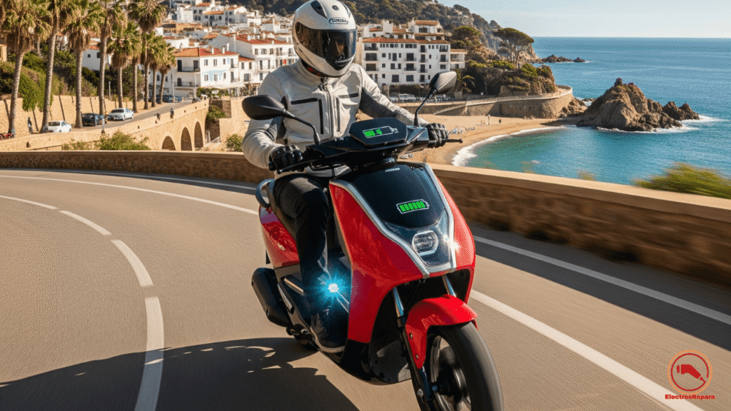 Moto eléctrica Silence en carretera de España tras mantenimiento, mostrando autonomía en Costa Brava.