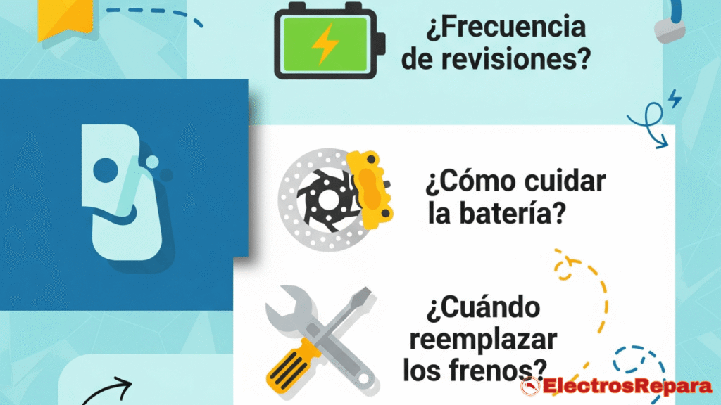 Collage de FAQs sobre mantenimiento de motos eléctricas en España, iconos de batería y frenos.