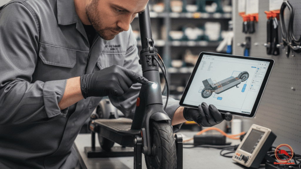 Una persona aplica lubricante a las ruedas de un patín eléctrico, con herramientas y productos de limpieza visibles en la escena. Se debe aclarar la acción de lubricar.