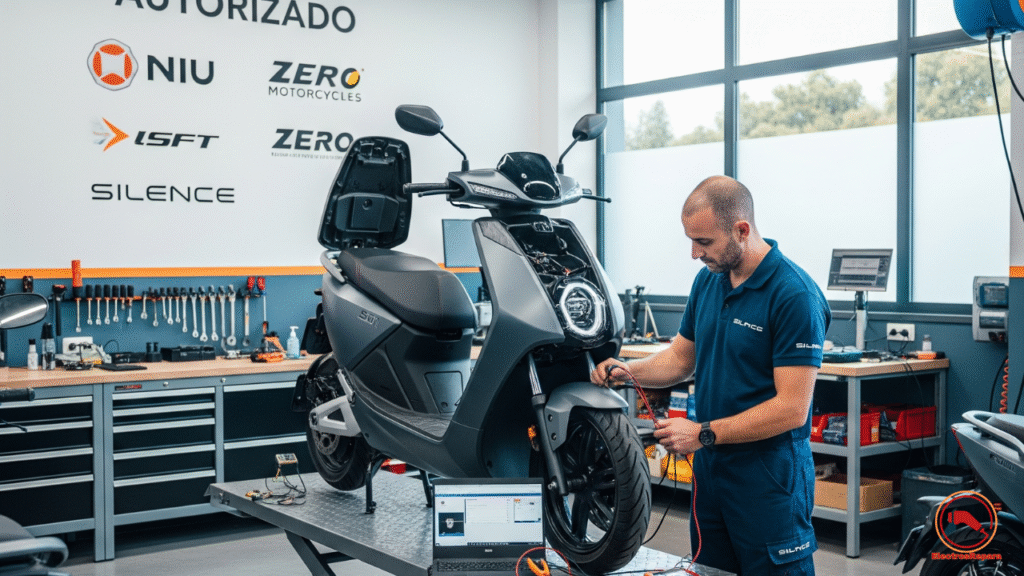 Técnico revisando moto eléctrica Silence en taller oficial España, diagnóstico batería profesional.