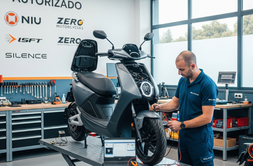 Técnico revisando moto eléctrica Silence en taller oficial España, diagnóstico batería profesional.