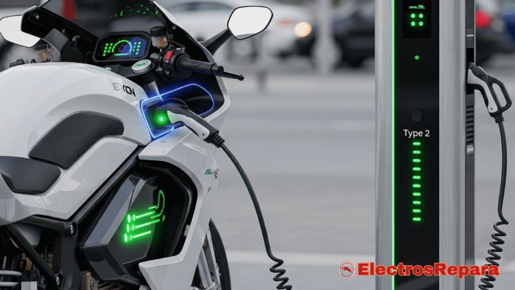 Una moto eléctrica moderna cargándose en un punto de carga público. El cable de carga está conectado a la moto, mostrando el conector Tipo 2. La imagen se centra en el área de carga, con luces indicadoras que sugieren que el proceso está en marcha.