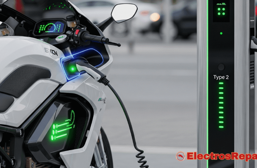 Una moto eléctrica moderna cargándose en un punto de carga público. El cable de carga está conectado a la moto, mostrando el conector Tipo 2. La imagen se centra en el área de carga, con luces indicadoras que sugieren que el proceso está en marcha.