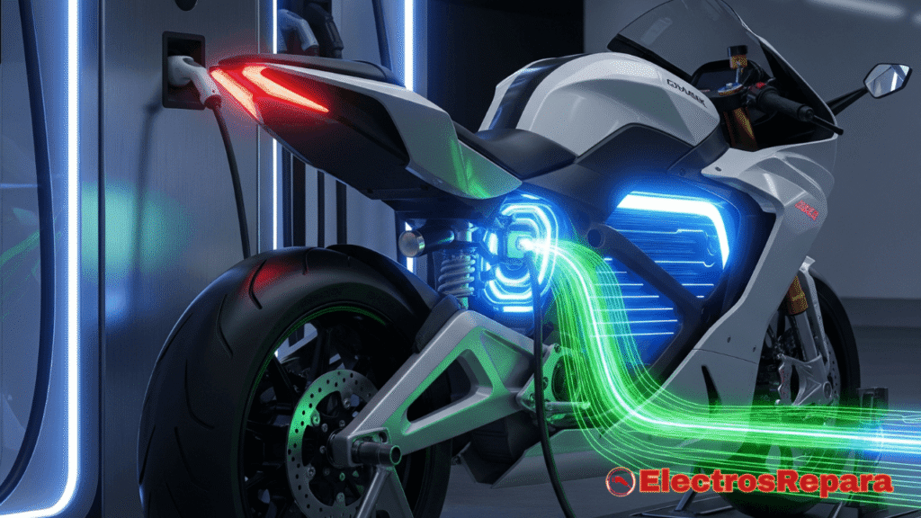 Una moto eléctrica futurista en una estación de carga elegante y de alta tecnología. La moto está conectada al cargador, con un haz de energía vibrante o líneas de circuito que brillan, fluyendo desde el cargador hacia el chasis de la moto. La imagen evoca una sensación de velocidad y eficiencia a través de un diseño limpio y una iluminación sutil que resalta la transferencia de energía.