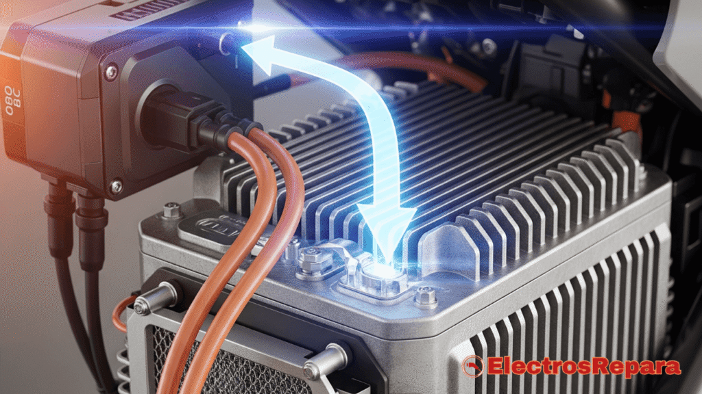 Un primer plano de la batería de una moto eléctrica con una flecha que indica el flujo de energía del cargador a bordo hacia la batería. La imagen destaca el sistema de gestión térmica de la batería, como un radiador o aletas de enfriamiento.