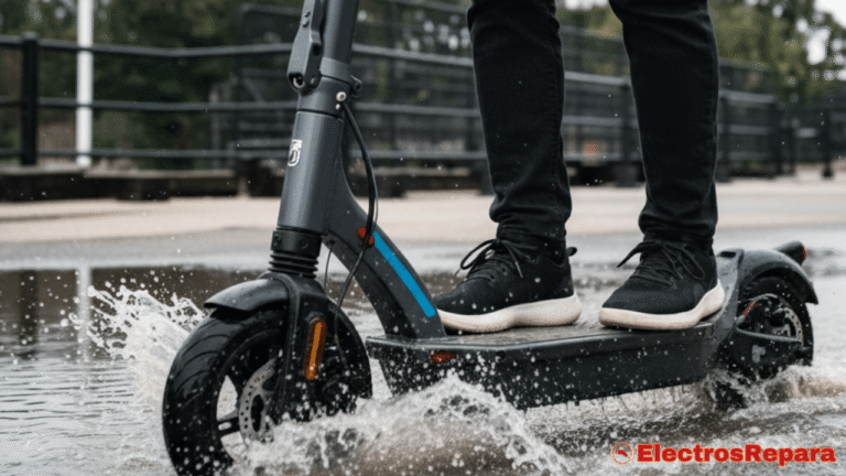Descubre cómo proteger tu patinete eléctrico del agua con esta imagen: un rider enfrentando charcos con seguridad. ¡Guía en electrosrepara.es!
