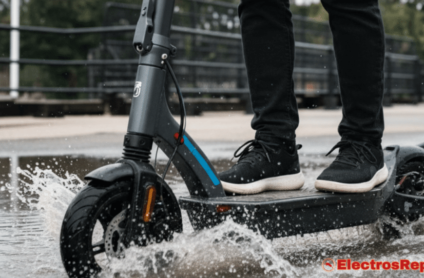 Descubre cómo proteger tu patinete eléctrico del agua con esta imagen: un rider enfrentando charcos con seguridad. ¡Guía en electrosrepara.es!