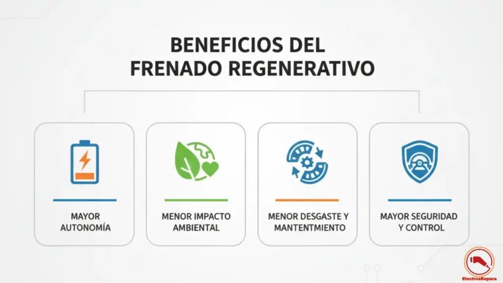 Infografía con iconos de beneficios del frenado regenerativo en motos eléctricas: mayor autonomía, eficiencia ambiental, menor mantenimiento y seguridad mejorada.