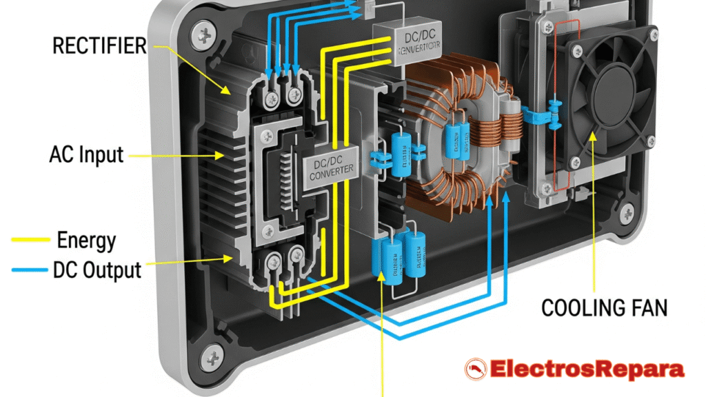 Un corte esquemático y detallado del interior del cargador a bordo (OBC) de una moto eléctrica, mostrando sus componentes principales. Se pueden ver el rectificador, el convertidor DC/DC y un ventilador de refrigeración, con líneas de flujo de energía que ilustran la conversión de CA a CC.