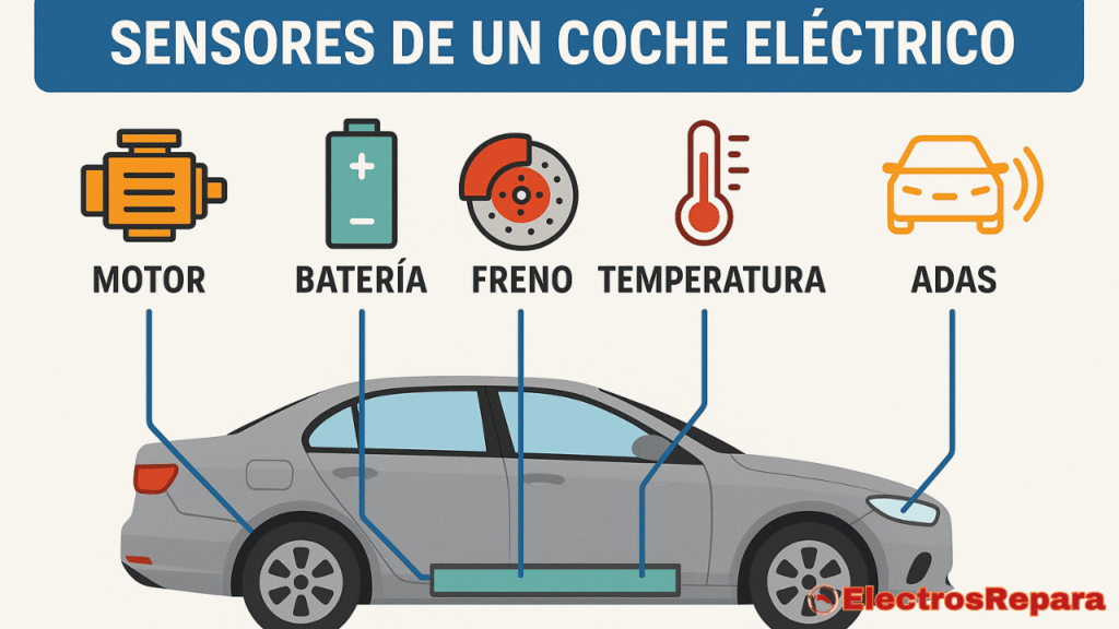 "Diagrama sensores comunes en coches eléctricos para reparación sensores coche eléctrico y diagnóstico fallos sensores EV en averías vehículos eléctricos."
Ubicación Sugerida: Al inicio de la sección "¿Cuáles Son los Sensores Más Comunes en Coches Eléctricos y Por Qué Fallan?"