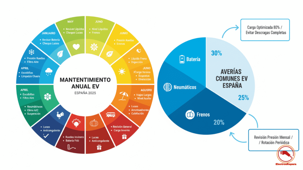 Infografía sobre el plan de mantenimiento anual para vehículos eléctricos (EV) en España para 2025. A la izquierda, se detallan los servicios mensuales recomendados, mientras que a la derecha se muestran las averías comunes en coches eléctricos, destacando la batería (30%), neumáticos (25%) y frenos. Esta visualización subraya la importancia de un mantenimiento regular para prevenir problemas costosos.