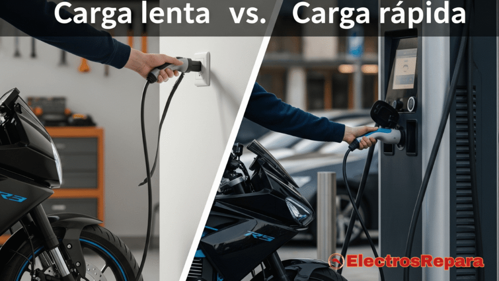 Una comparación visual de un cargador de pared doméstico y un punto de carga público de alta potencia. La imagen muestra una mano enchufando la moto en un enchufe de casa (simbolizando la carga lenta) y luego en un cargador público con un conector más grande, simbolizando la carga rápida. Se puede incluir texto superpuesto como "Carga lenta vs. Carga rápida"