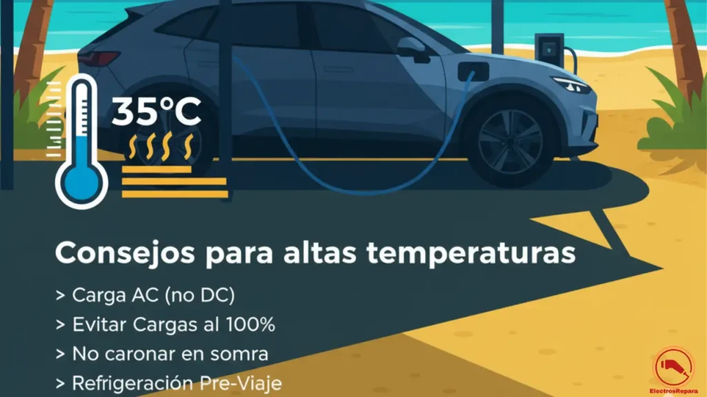 Ilustración que ofrece consejos para el mantenimiento de coches eléctricos en altas temperaturas (35°C). Se sugieren prácticas como utilizar carga de corriente alterna (AC), evitar cargar al 100%, no dejar el coche expuesto al sol y realizar refrigeración previa antes de los viajes. Estas recomendaciones son clave para optimizar el rendimiento y prolongar la vida útil de la batería