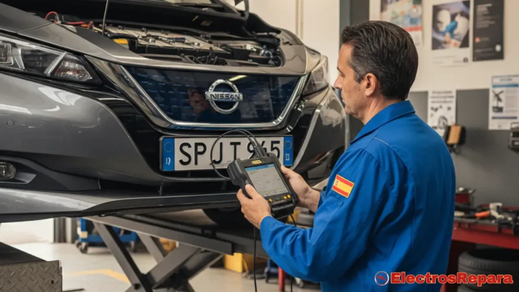 "Técnico revisando un coche eléctrico Nissan en un taller, usando una herramienta de diagnóstico para evaluar el sistema del vehículo. La imagen resalta la importancia del mantenimiento regular en coches eléctricos, asegurando un rendimiento óptimo y la detección temprana de posibles problemas.