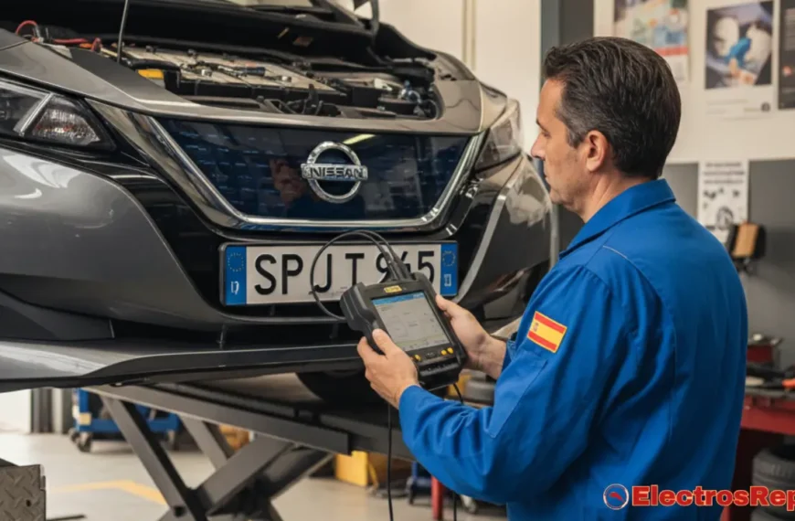 "Técnico revisando un coche eléctrico Nissan en un taller, usando una herramienta de diagnóstico para evaluar el sistema del vehículo. La imagen resalta la importancia del mantenimiento regular en coches eléctricos, asegurando un rendimiento óptimo y la detección temprana de posibles problemas.
