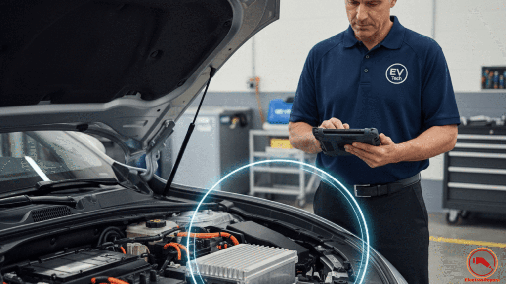 Técnico diagnosticando inversor coche eléctrico en taller: mantenimiento y fallos comunes para mejorar eficiencia y autonomía en vehículos eléctricos.
