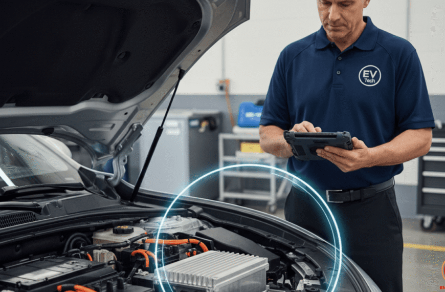 Técnico diagnosticando inversor coche eléctrico en taller: mantenimiento y fallos comunes para mejorar eficiencia y autonomía en vehículos eléctricos.