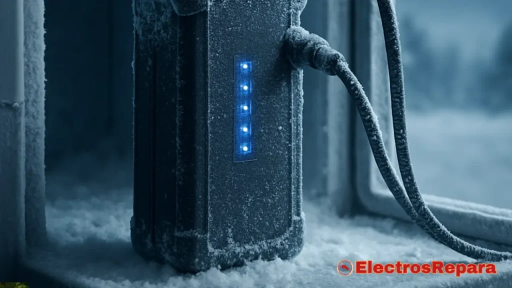 Batería de patinete eléctrico afectada por el frío, mostrando la importancia del mantenimiento en invierno