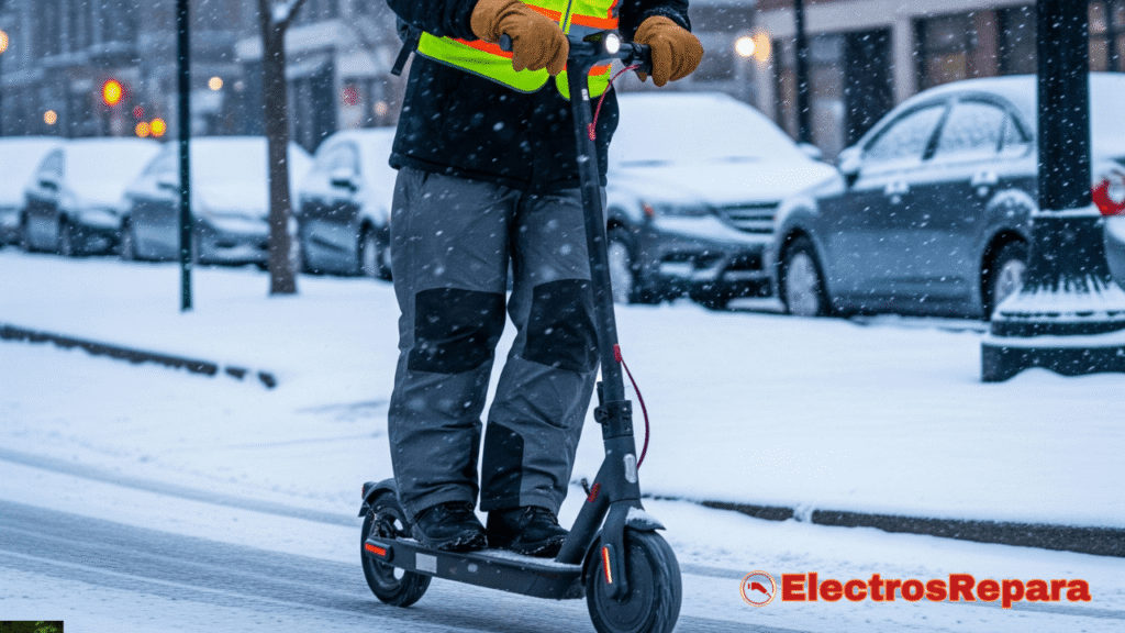 Batería de patinete eléctrico afectada por el frío, mostrando la importancia del mantenimiento en invierno