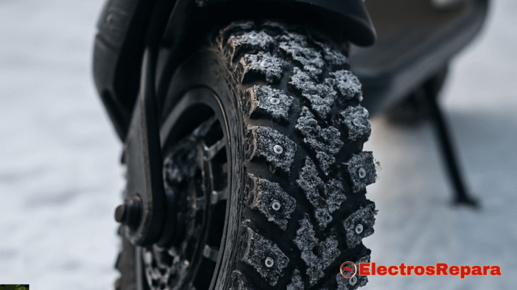 Neumático de invierno para patinete eléctrico con clavos, ideal para nieve y hielo."
