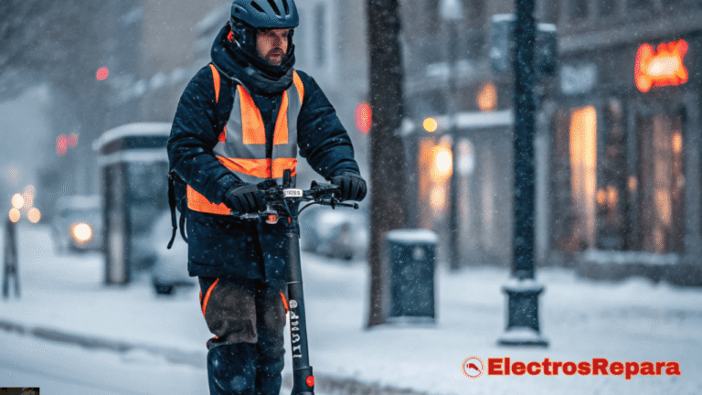 Conductor de patinete eléctrico con ropa de invierno y equipo de seguridad en un entorno nevado.