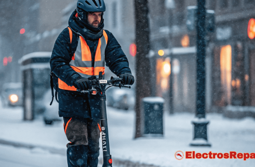 Conductor de patinete eléctrico con ropa de invierno y equipo de seguridad en un entorno nevado.
