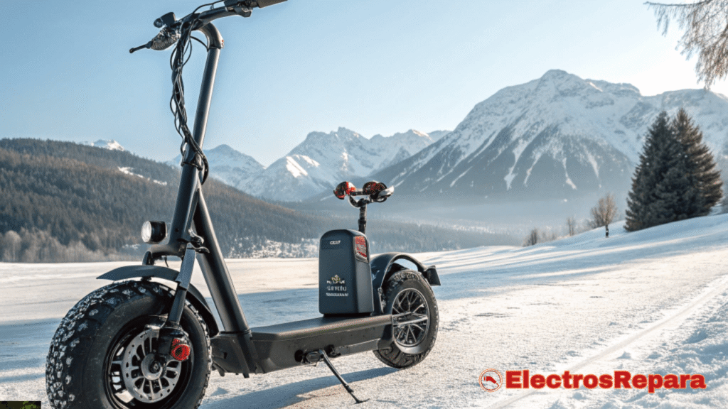 Patinete eléctrico preparado para el invierno con neumáticos de nieve, listo para bajas temperaturas."