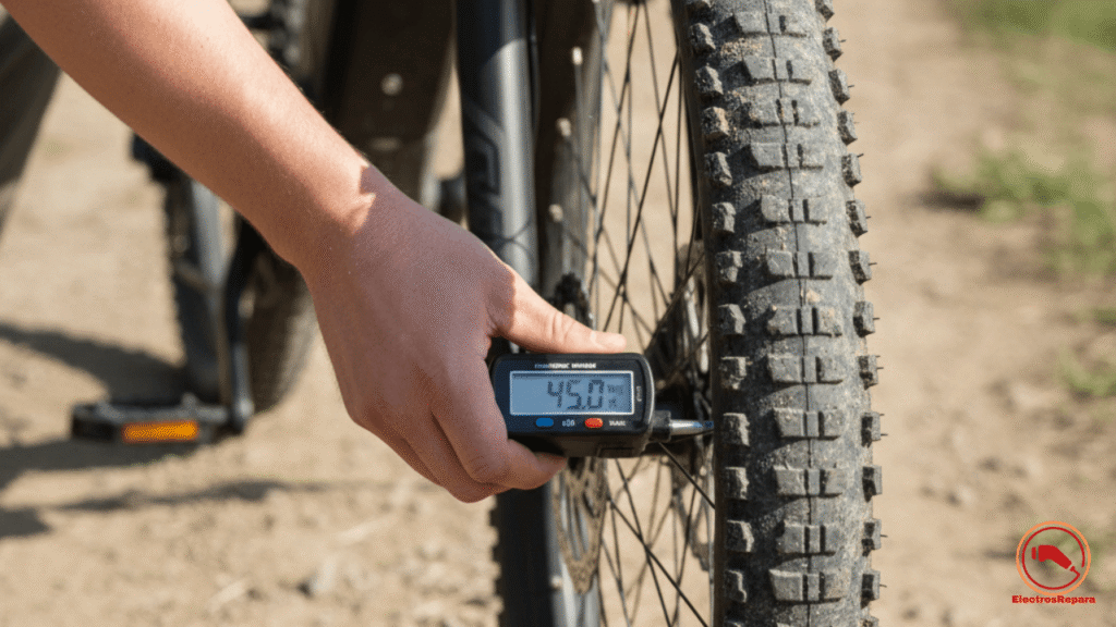 Descubre a una persona verificando presión neumáticos ebike con manómetro, dibujo del neumático visible. Asegura condición neumáticos ebike y ajuste frenos ebike para óptima adherencia y seguridad bicicleta eléctrica en cualquier terreno. ¡Checklist bicicleta eléctrica esencial pre-salida!3,5s