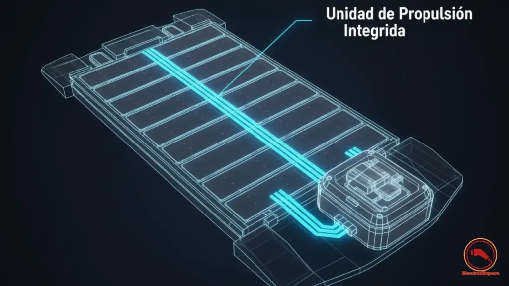 Ilustración de tren motriz integrado con inversor coche eléctrico: futuro sostenible para mayor eficiencia energética y autonomía en movilidad eléctrica.