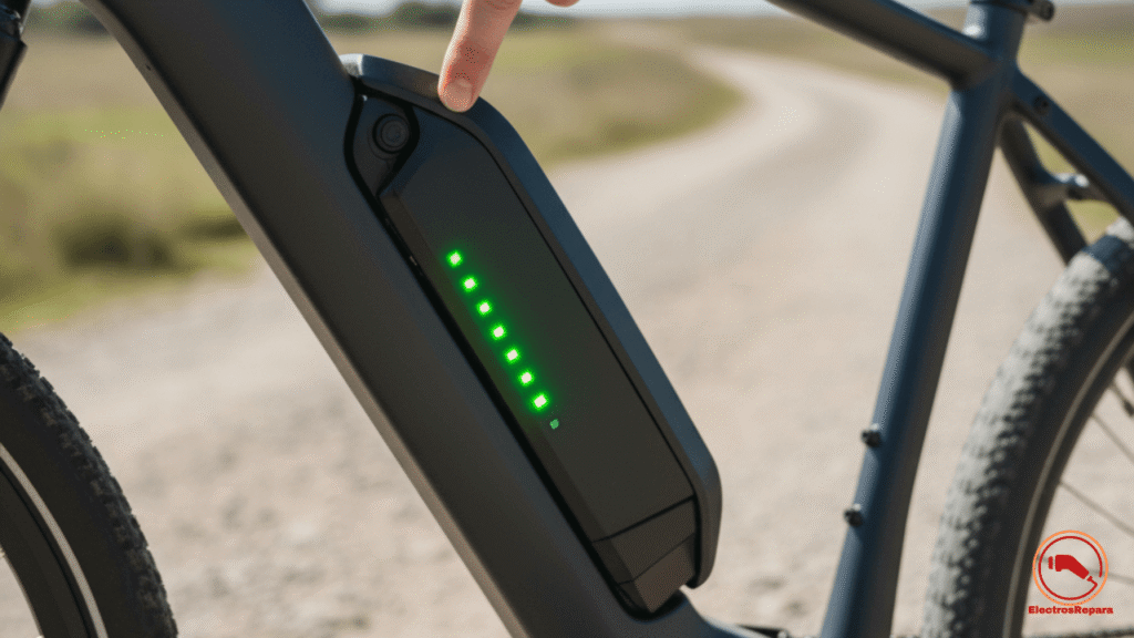 Descubre el cuidado batería bicicleta eléctrica: primer plano de mano inspeccionando batería acoplada al cuadro con indicador de carga visible. Realiza inspección previa viaje ebike para prolongar vida útil batería ebike y asegurar rendimiento óptimo en mantenimiento bicicleta eléctrica. ¡Garantiza seguridad y eficiencia!