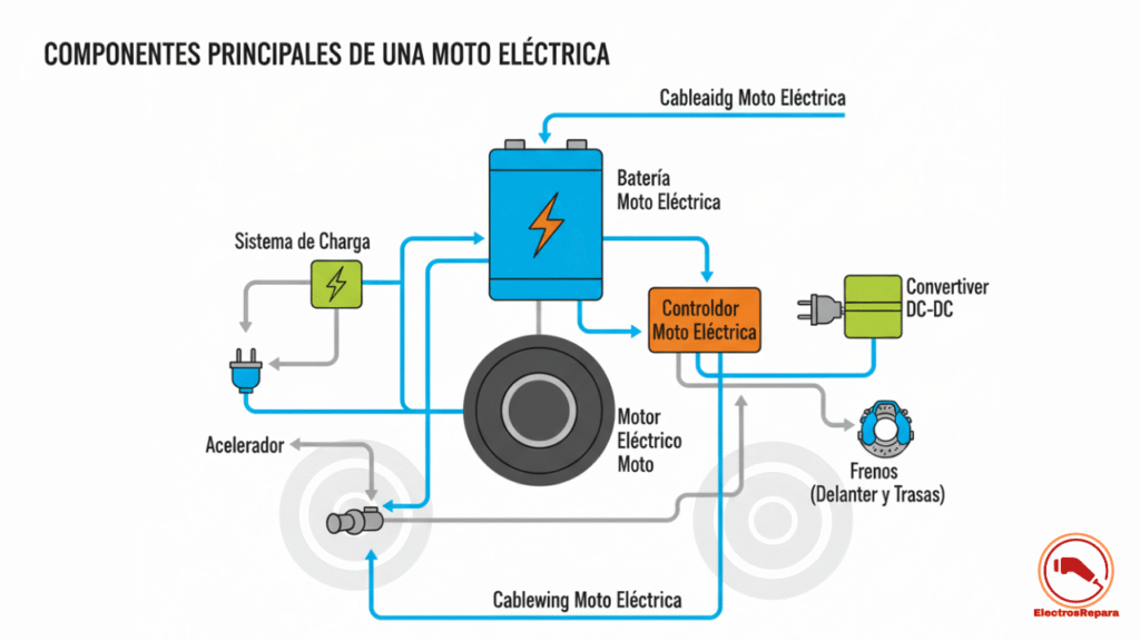 "Complejo sistema eléctrico de una motocicleta eléctrica con su batería, motor y controlador. Una guía técnica para entender el diagrama eléctrico moto."