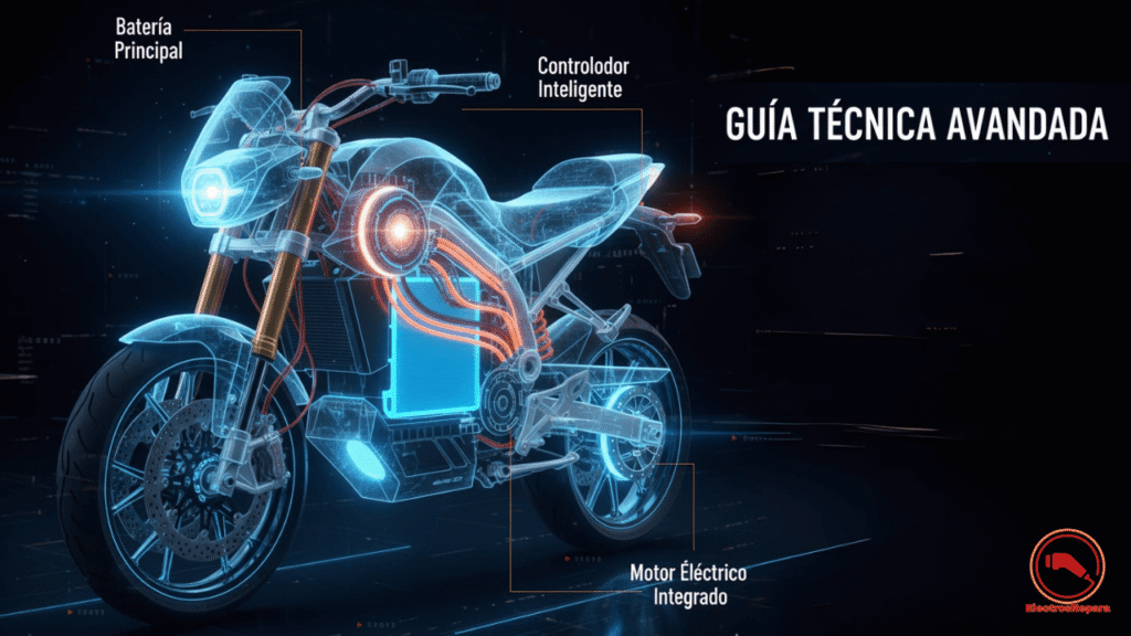 Diagrama de los componentes moto eléctrica principales: batería, motor, controlador y cableado. Esencial para el mantenimiento moto eléctrica.