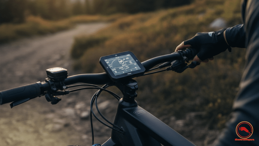 Descubre a un ciclista con casco verificando el display digital de su bicicleta eléctrica, luces delanteras encendidas y cableado integrado. Asegura componentes eléctricos bicicleta, señalización ebike, motor bicicleta eléctrica y luces bicicleta eléctrica para salidas seguras. ¡Actualización firmware ebike esencial en mantenimiento preventivo!