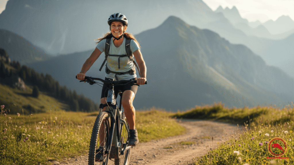 Descubre la libertad y el placer de la movilidad sostenible con e-bikes: un ciclista pedaleando sin esfuerzo por senderos soleados con montañas de fondo. Aprende el mantenimiento bicicleta eléctrica esencial para garantizar seguridad bicicleta eléctrica en cada aventura. ¡Optimiza tu experiencia en bicicletas eléctricas!