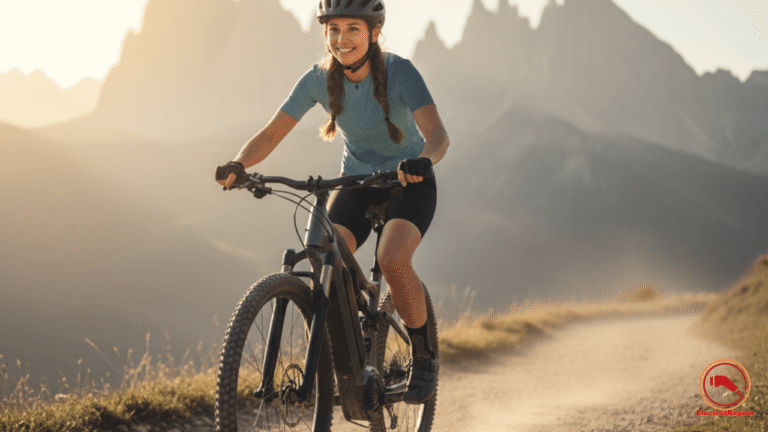 Descubre la libertad y el placer de la movilidad sostenible con e-bikes: un ciclista pedaleando sin esfuerzo por senderos soleados con montañas de fondo. Aprende el mantenimiento bicicleta eléctrica esencial para garantizar seguridad bicicleta eléctrica en cada aventura. ¡Optimiza tu experiencia en bicicletas eléctricas!