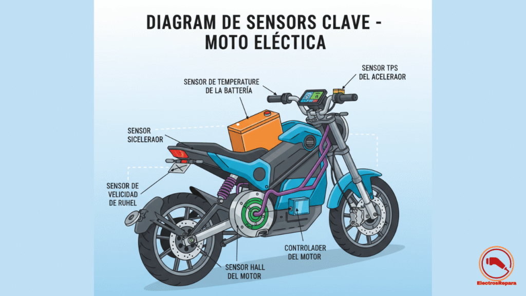 Diagrama detallado de sensores principales en moto eléctrica, mostrando sensor Hall, temperatura batería y TPS para identificación y función en mantenimiento vehículos eléctricos.