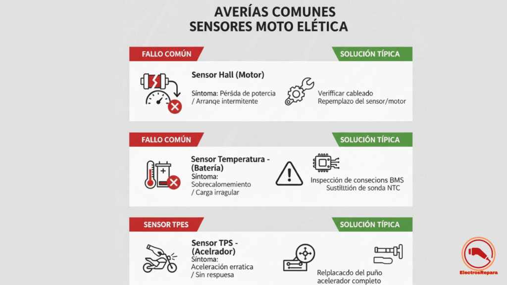 Foto de sensor Hall desmontado en moto eléctrica con multímetro, ilustrando fallos y reparación sensor Hall moto eléctrica en taller de mantenimiento.