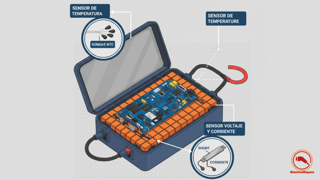 Pack de baterías abierto en moto eléctrica destacando sensor temperatura batería y voltaje, guía para identificación sensores vehículos eléctricos y prevención de fallos.