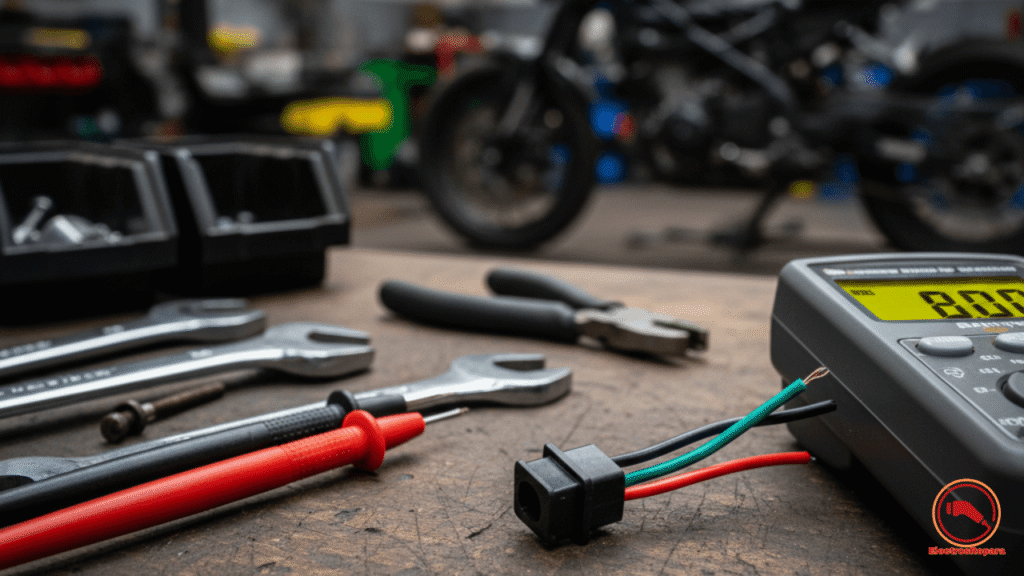 Infografía de fallos comunes en sensores moto eléctrica, con síntomas y soluciones para sensor velocidad y Hall, optimizando mantenimiento vehículos eléctricos.