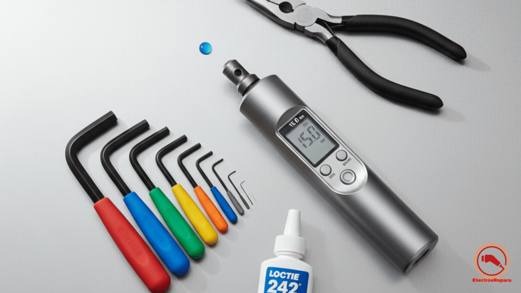 Kit herramientas mantenimiento patinete: llaves allen, dinamométrica y loctite.