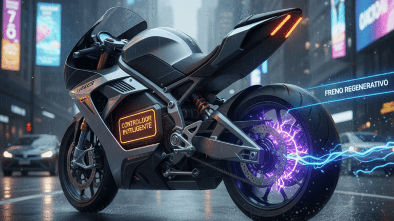 "Motocicleta eléctrica moderna en un entorno urbano vibrante, resaltando el controlador y el sistema de frenado regenerativo. Esta imagen ilustra la tecnología avanzada que impulsa la movilidad eléctrica y destaca la importancia del controlador en el rendimiento de la moto. Palabras clave: motocicleta eléctrica, controlador, frenado regenerativo, movilidad urbana, tecnología eléctrica."