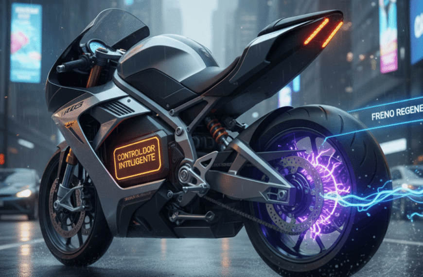 "Motocicleta eléctrica moderna en un entorno urbano vibrante, resaltando el controlador y el sistema de frenado regenerativo. Esta imagen ilustra la tecnología avanzada que impulsa la movilidad eléctrica y destaca la importancia del controlador en el rendimiento de la moto. Palabras clave: motocicleta eléctrica, controlador, frenado regenerativo, movilidad urbana, tecnología eléctrica."